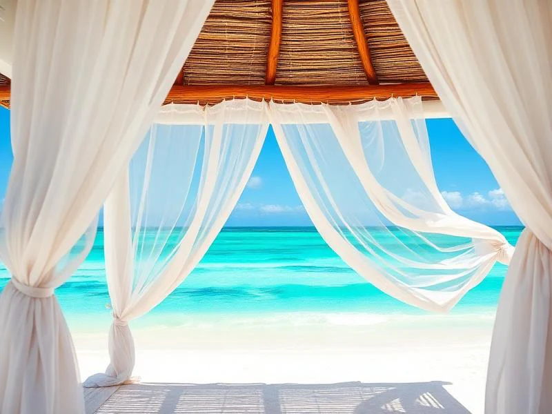 Turquoise Caribbean-style bay with palm trees — luxury beach resort getaway