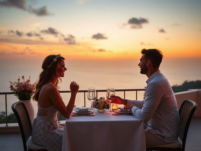 Romantic tropical beach at sunset for a luxury honeymoon — couples escape inspiration
